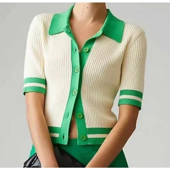 Anthropologie Green & Ivory Colorblock Polo Cardigan Sweater Top Small - Picture 2 of 7